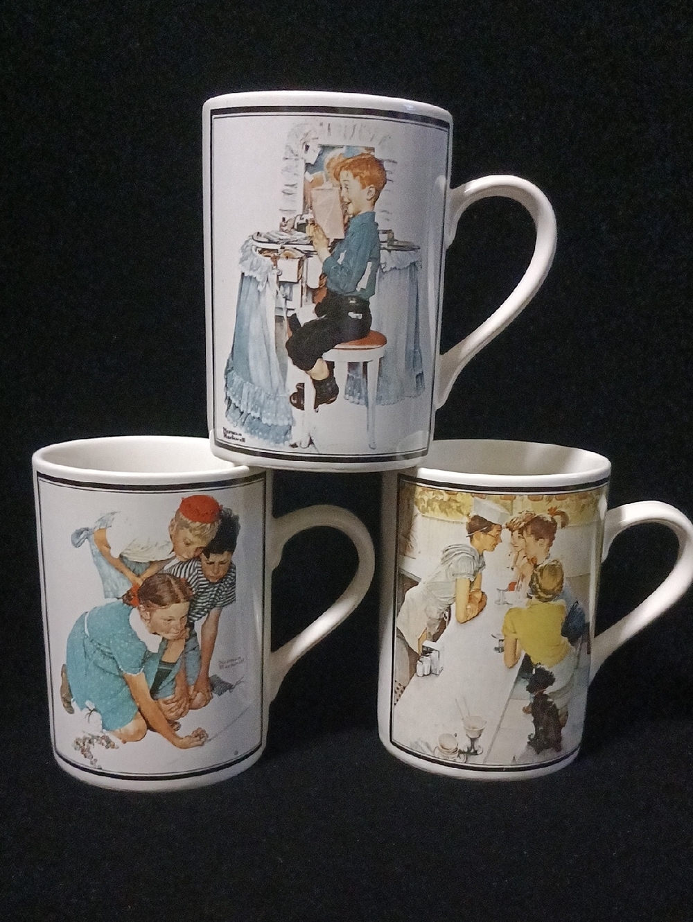 Vintage-Style White Ceramic Mugs with Illustrated Children Scenes - Set of 3